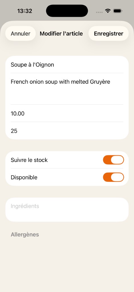 Abanero app — editing a menu item